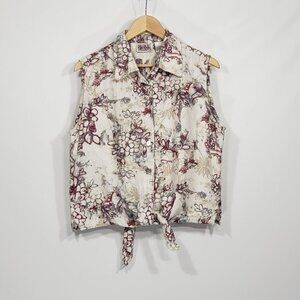 Bill Blass  Linen Sleeveless  Floral Button Down Shirt  Ties at Waist  Size XL